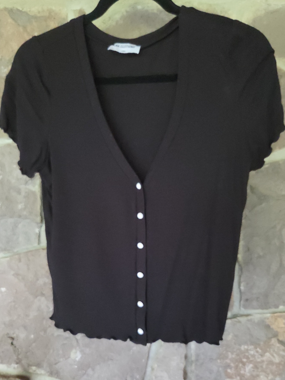 LNA Black Short-Sleeve Button-Front V-Neck Top